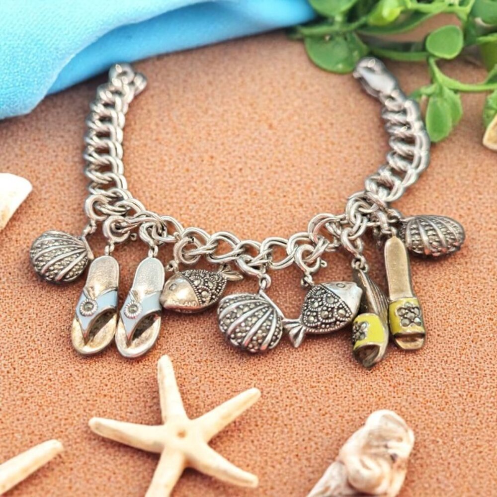 Sterling Charm Bracelet - 7" Includes 9 Vintage Sterling Charms - EUC